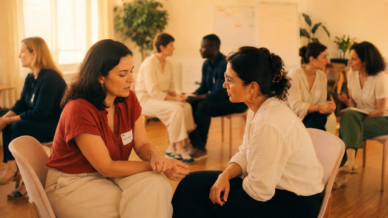 Illustration générée par IA — deux participantes face à face en pleine écoute, posture penchée et attentive lors d'un exercice de binôme