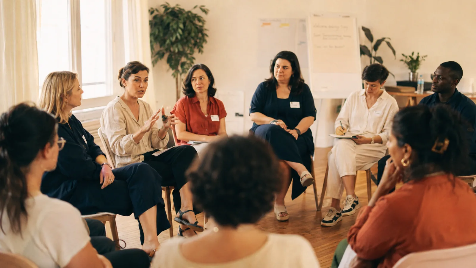 Illustration générée par IA — atelier de formation à la communication, cercle de parole avec une dizaine de participants