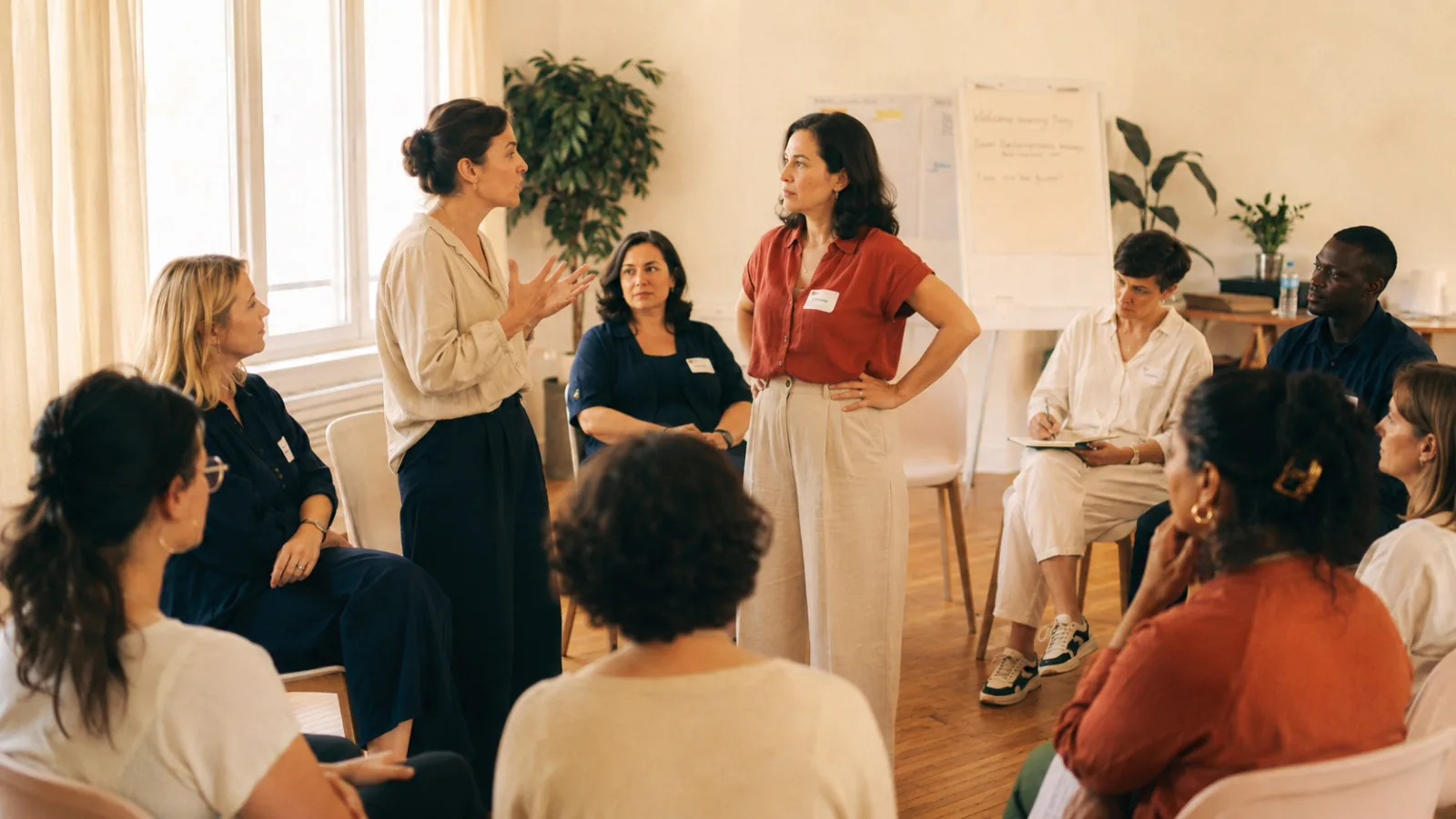 Illustration générée par IA — atelier de formation, deux participantes debout en mise en situation, le reste du groupe assis en demi-cercle