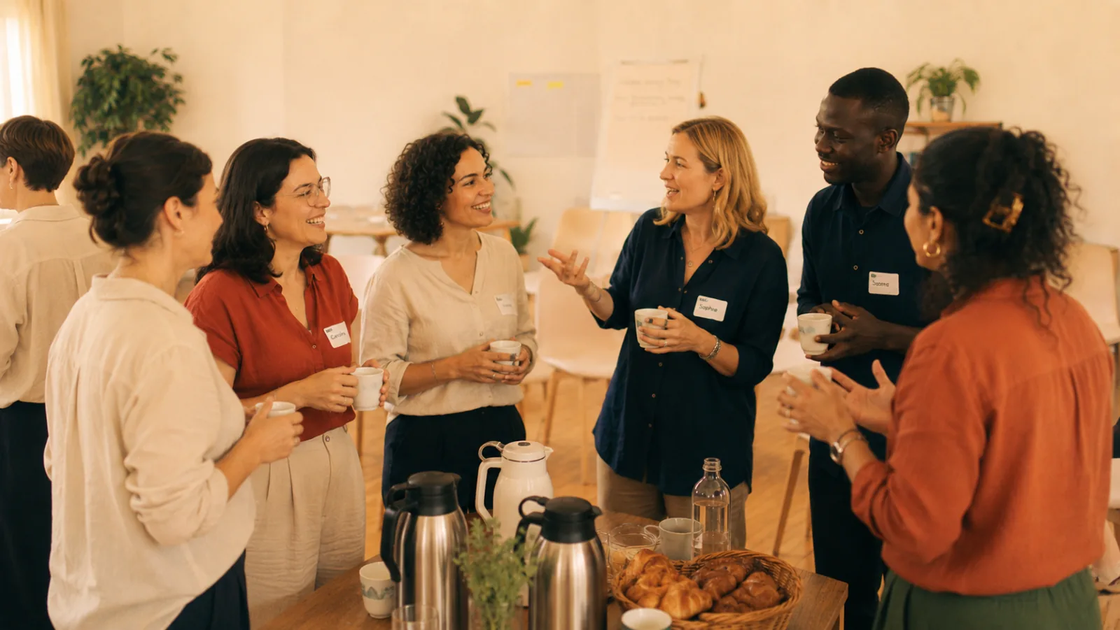 Illustration générée par IA — moment de pause informelle pendant une formation, groupe debout autour d'une table avec café et viennoiseries, conversations détendues